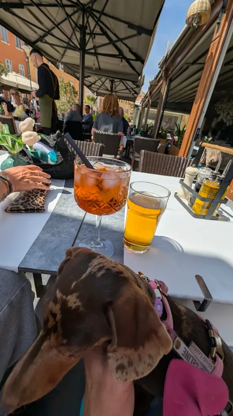 Celine op schoot op een terras, met een spritz en een biertje op tafel