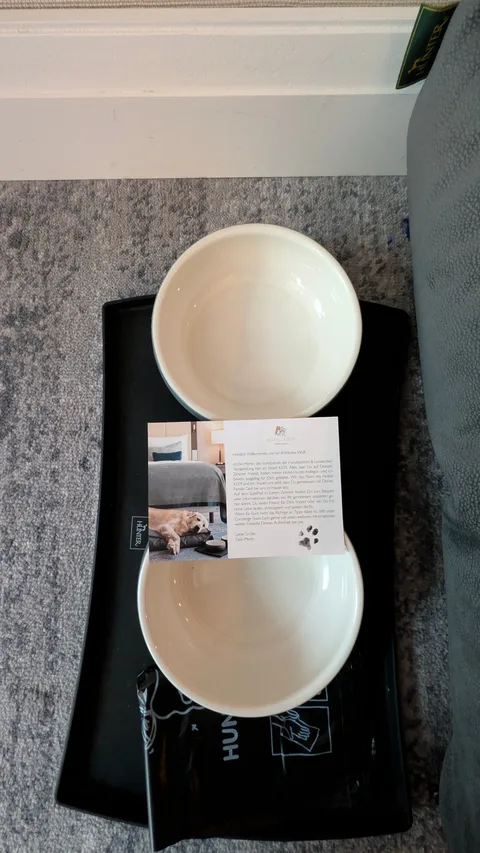 Voer- en waterbak op een mat met het welkomstkaartje van hotelhond Merlin in Hotel Kö59
