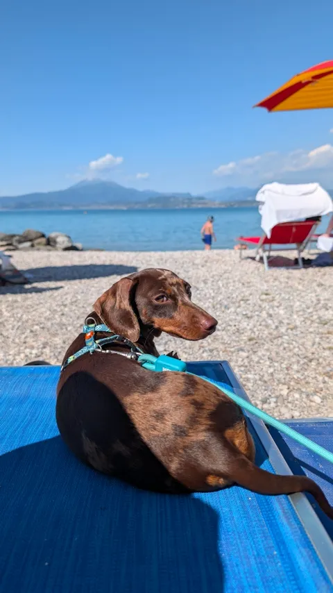 Celine op een blauw strandbed bij Braccobaldo Beach, met het meer en de bergen op de achtergrond